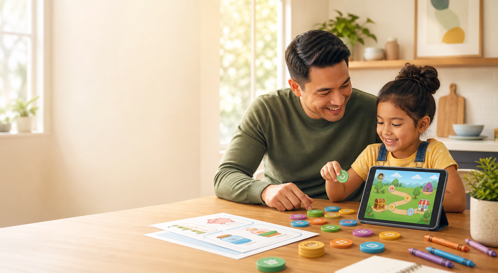A parent and child exploring a money activity together